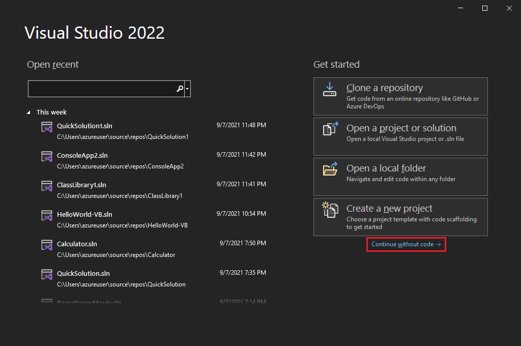 Screenshot de l’écran de démarrage Visual Studio, avec le lien Continuer sans code mis en évidence.