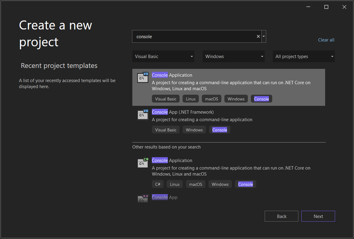 Capture d’écran montrant la fenêtre Créer un projet dans Visual Studio 2022 avec « console » dans la zone de recherche, et « Visual Basic » et « Windows » sélectionnés pour les filtres de langue et de plateforme, ainsi que le modèle de projet Application console sélectionné.