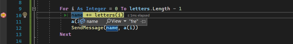 Capture d’écran montrant l’exécution du débogage arrêtée dans l’éditeur de code avec la variable nommée mise en surbrillance et une infobulle de données affichant la valeur.