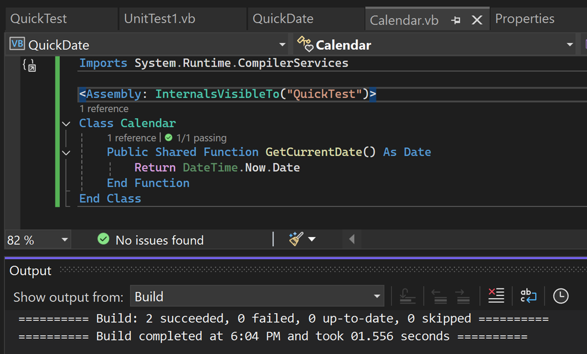 Screenshot de la fenêtre Sortie dans Visual Studio.
