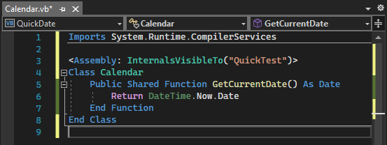 Screenshot montrant le code de Calendar.vb dans la fenêtre de l’éditeur de code Visual Basic après avoir ajouté l'instruction Imports et les lignes d’attributs Assembly.