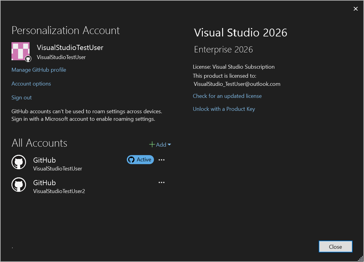 Capture d’écran montrant plusieurs comptes GitHub dans la boîte de dialogue Paramètres du compte.