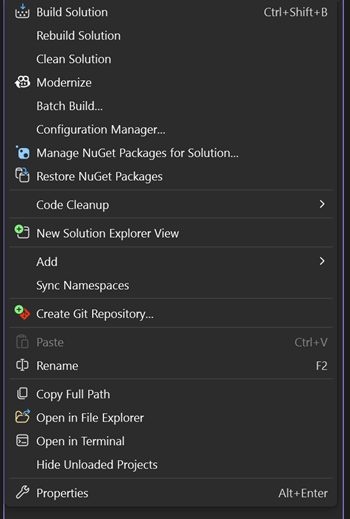 Capture d’écran du menu contextuel à partir d’un nœud de solution dans l’Explorateur de solutions.