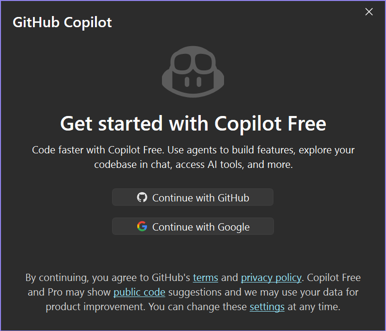 Capture d’écran de la boîte de dialogue Prise en main de Copilot Free dans Visual Studio.