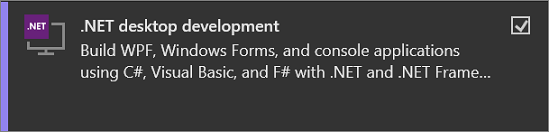 Capture d'écran de la charge de travail de développement de bureau .NET sélectionnée dans le programme d'installation de Visual Studio.