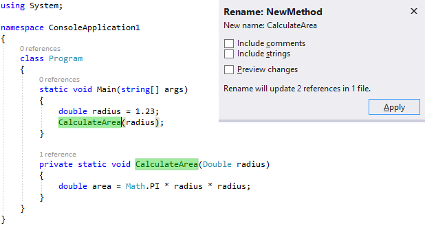 Capture d’écran du code C# pour la classe Program. Un nom de méthode est mis en surbrillance et la fenêtre contextuelle Renommer est ouverte.