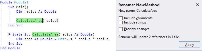 Screenshot de code Visual Basic pour le sous-groupe principal. Un nom de méthode est mis en surbrillance et la fenêtre contextuelle Renommer est ouverte.