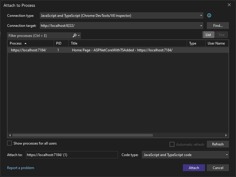 Capture d’écran montrant comment attacher à un processus dans le menu Débogage.