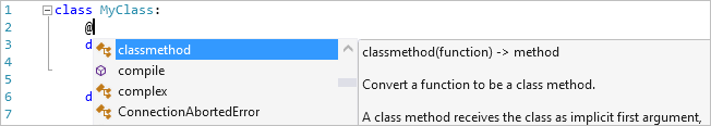 Capture d’écran montrant la complétion de décorateur dans l’éditeur Visual Studio.