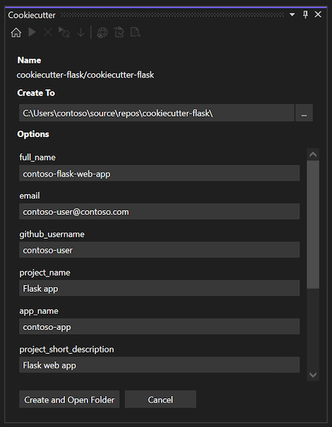 Capture d’écran montrant les options d’un modèle nouvellement installé et cloné dans l’Explorateur Cookiecutter dans Visual Studio.