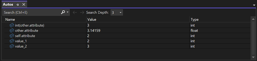Capture d’écran montrant la fenêtre Autos dans le débogueur Visual Studio.