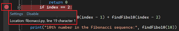 Capture d’écran montrant comment désactiver un point d’arrêt dans la marge gauche du fichier de code dans Visual Studio.