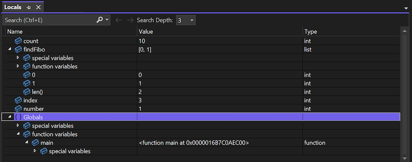 Capture d’écran montrant la fenêtre Locals dans le débogueur Visual Studio.