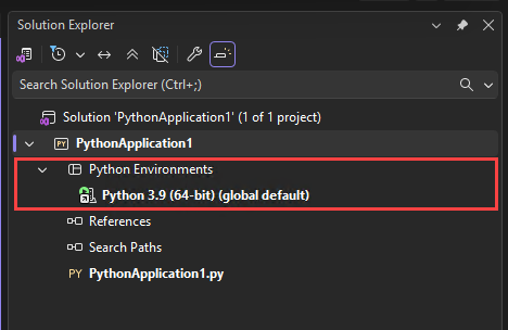 Capture d’écran montrant le nœud Environnements Python dans l’Explorateur de solutions dans Visual Studio.