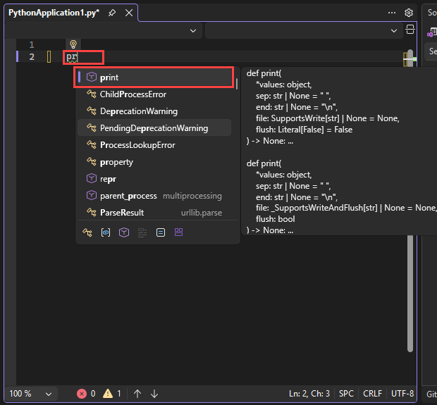 Capture d’écran montrant les options de saisie automatique IntelliSense dans l’éditeur dans Visual Studio. L’option d’achèvement par défaut est mise en surbrillance.
