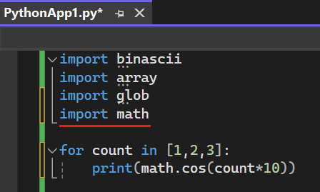 Capture d’écran montrant l’instruction import ajoutée après avoir exécuté la commande à partir de la balise active dans Visual Studio 2022.