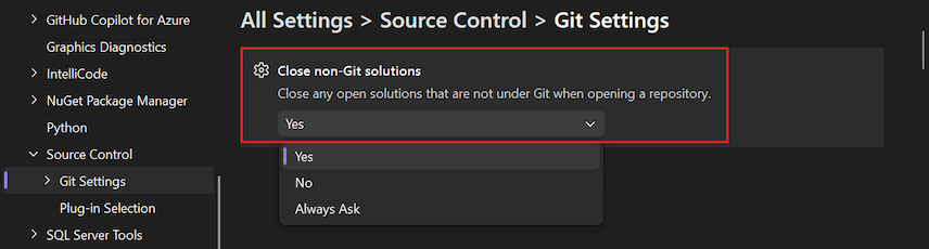 Capture d’écran de l’option « Fermer des solutions non Git » dans le volet Options.