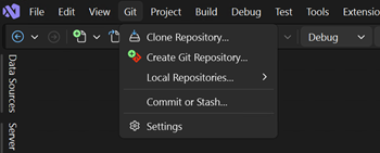 Capture d’écran de l’option Créer un dépôt Git dans le menu Git de Visual Studio.