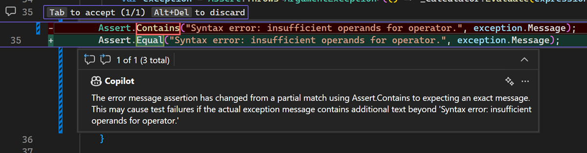 Capture d’écran montrant comment demander à Copilot une suggestion de code en fonction d’un commentaire de pull request dans Visual Studio.