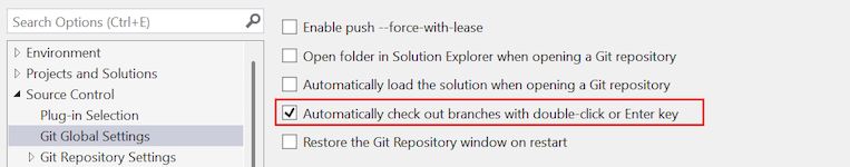 Capture d’écran de l’option « Extraire automatiquement les branches avec un double-clic ou une touche Entrée » dans la boîte de dialogue Options.