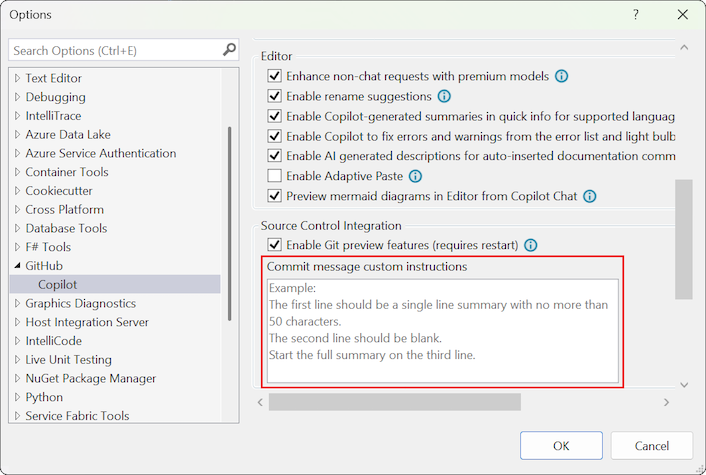 Capture d’écran montrant la page paramètres des options d'outils GitHub Copilot avec une invite personnalisée pour les messages de validation.