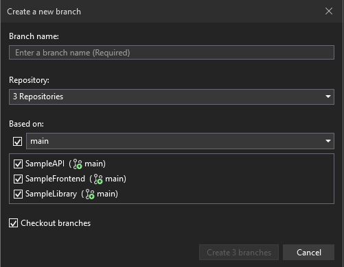 Capture d’écran de la boîte de dialogue « Créer une branche » dans Visual Studio.