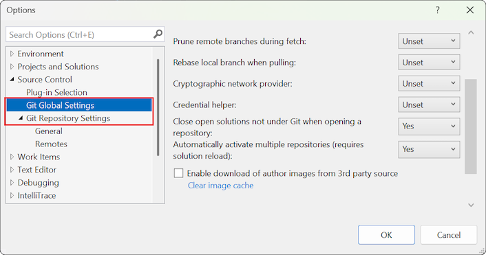 Capture d’écran de la boîte de dialogue Options montrant les sections disponibles sous Contrôle de code source.