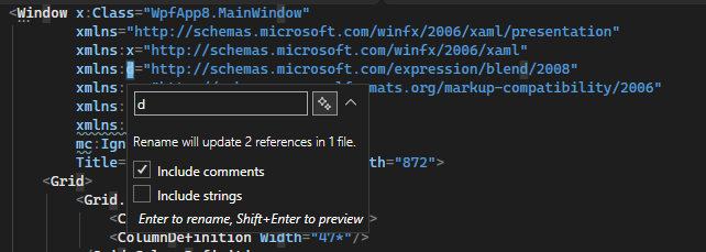 Capture d’écran de l’option Renommer l’espace de noms de l’éditeur de code XAML dans le menu contextuel.