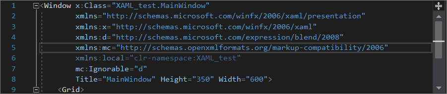 Éditeur de code XAML, volet central uniquement, dans Visual Studio