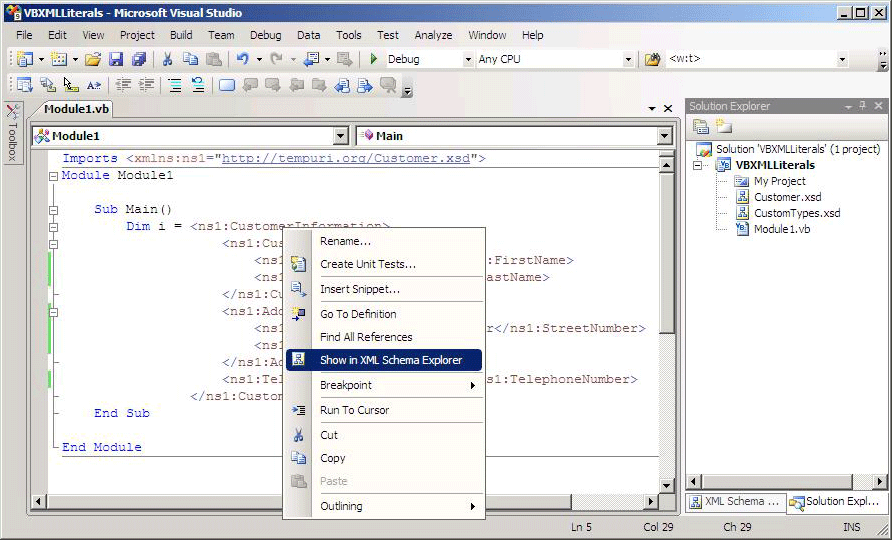 Capture d’écran d’une fenêtre de projet Visual Basic montrant un menu contextuel sur un nœud XML avec la commande Shot in Schema Explorer mise en surbrillance.