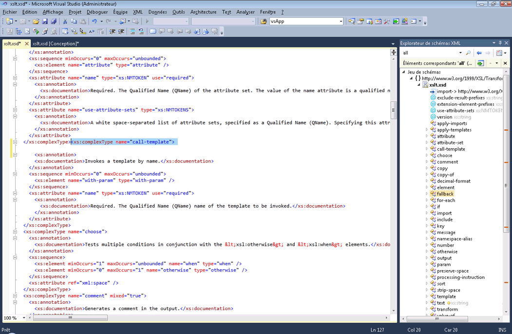 Capture d’écran d’une fenêtre de projet Visual Basic montrant que l’Explorateur de schémas XML et l’Explorateur de solutions ont été ouverts dans le volet droit.