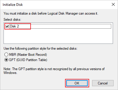Capture d’écran montrant la boîte de dialogue Initialiser le disque avec le style de partition GPT sélectionné.