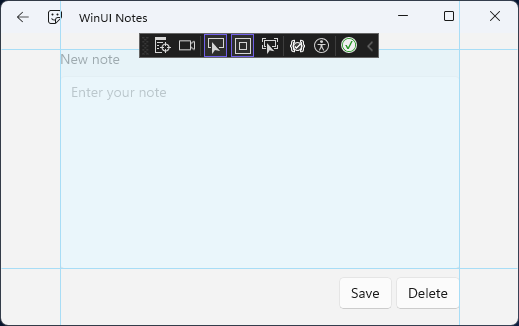  L’interface utilisateur de la nouvelle page de note avec la grille mise en surbrillance par Visual Studio.