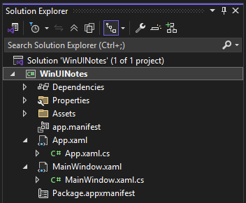 Explorateur de solutions affichant les fichiers d’un projet WinUI dans Visual Studio.