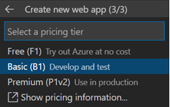 Screenshot della finestra di dialogo in VS Code usata per selezionare un piano tariffario per la nuova app Web.