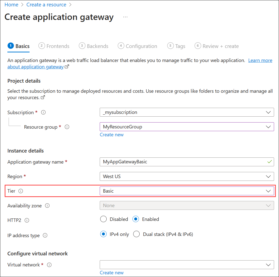 Screenshot della creazione di un nuovo gateway applicativo: scheda Informazioni di base.