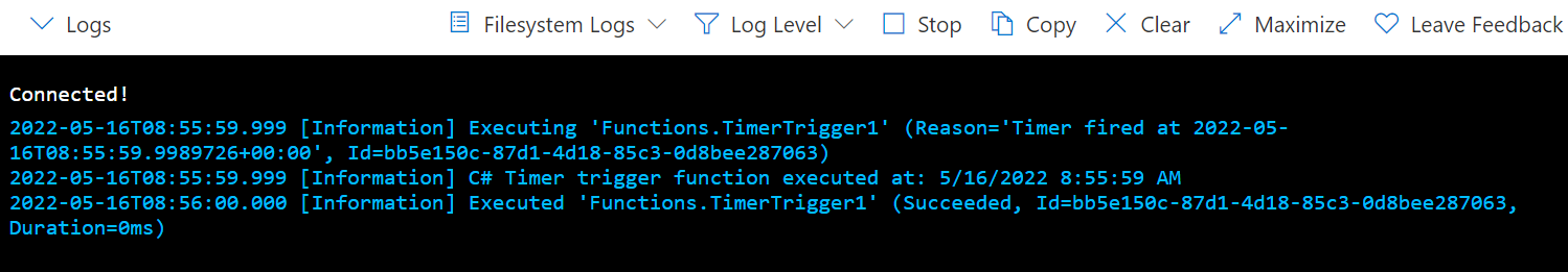 Screenshot che mostra la pagina di visualizzazione del trigger timer nel portale di Azure.