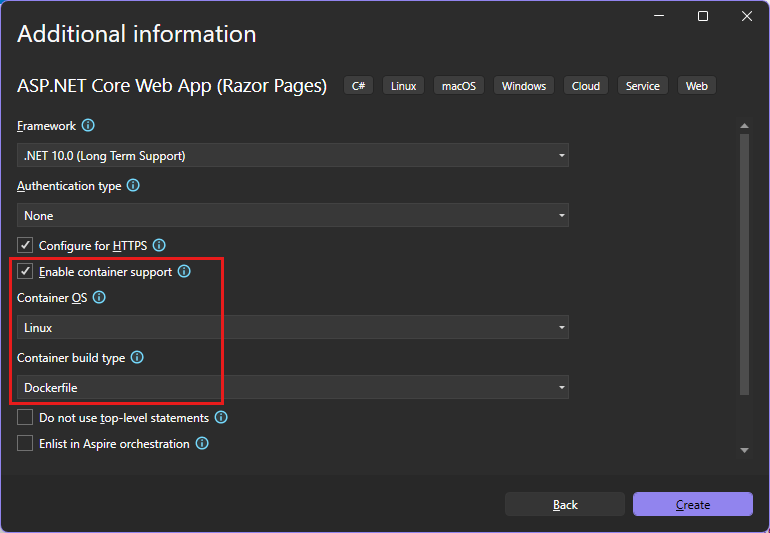 Screenshot che mostra l'abilitazione di Docker.