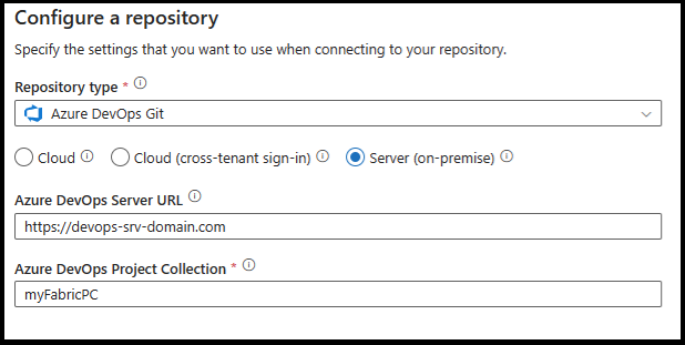 Screenshot di ADO che mostra la configurazione di un repository tramite server.