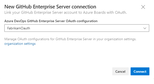 Screenshot della nuova connessione di GitHub Enterprise, finestra di dialogo di connessione OAuth.