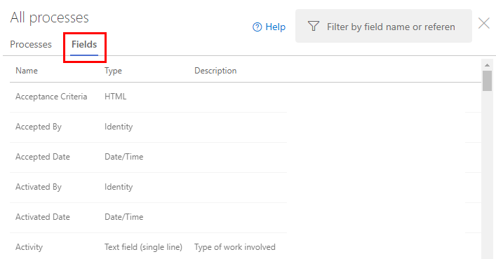 Screenshot della pagina Impostazioni dell'organizzazione, Processo, Campi.