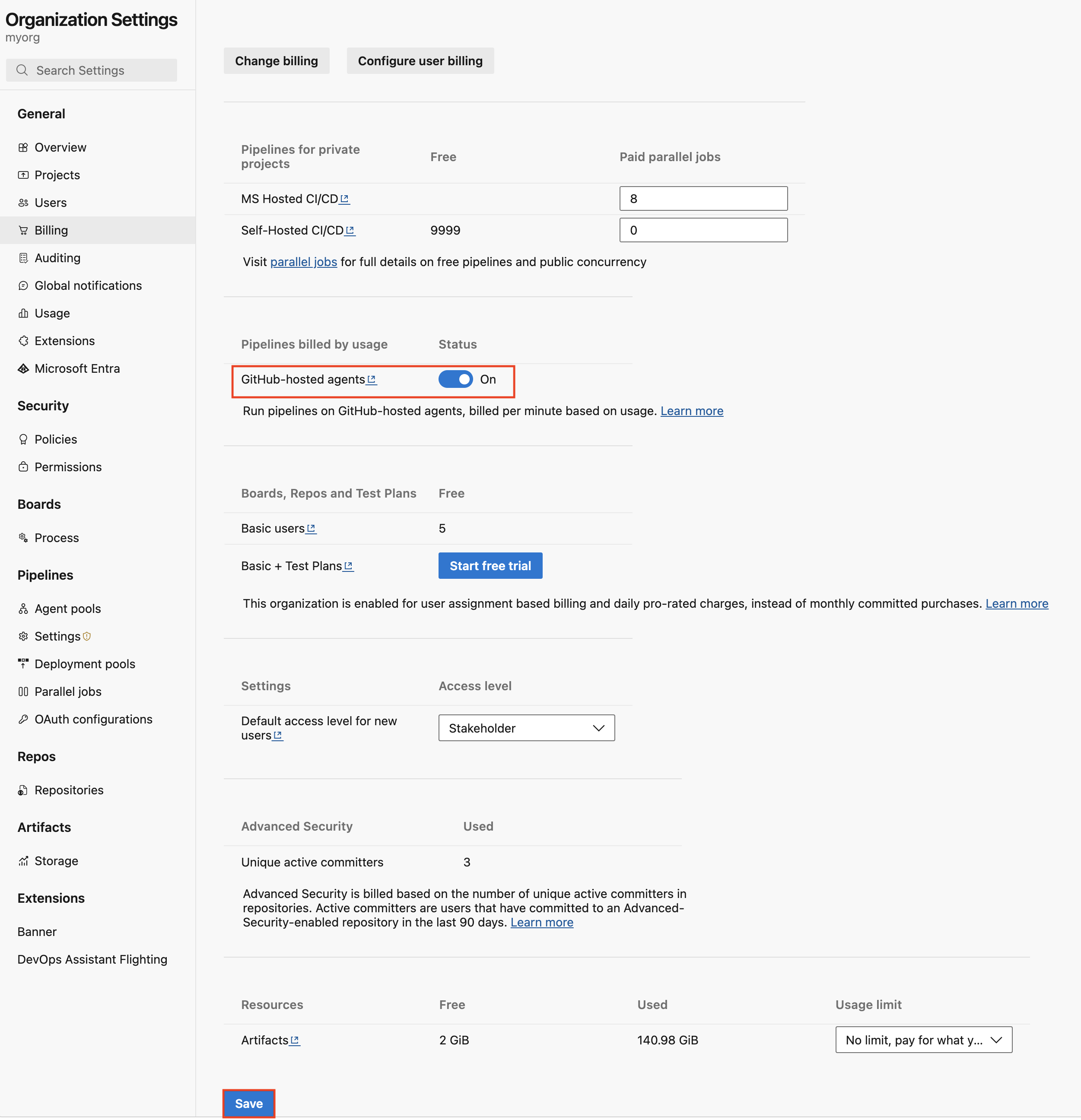 Screenshot che mostra come abilitare i prezzi con pagamento in base al consumo.