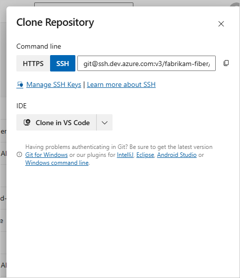 Screenshot che mostra l'URL SSH clonato di Azure Repos.