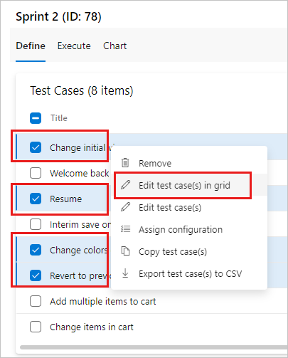 Screenshot che mostra diversi test case selezionati con il menu di scelta rapida aperto e Modifica test case nella/e griglia/e selezionata/e.