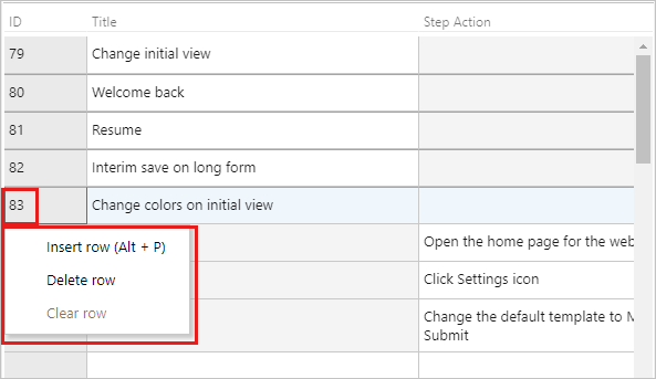 Screenshot che mostra il menu Griglia di scelta rapida per inserire, eliminare o rimuovere righe.