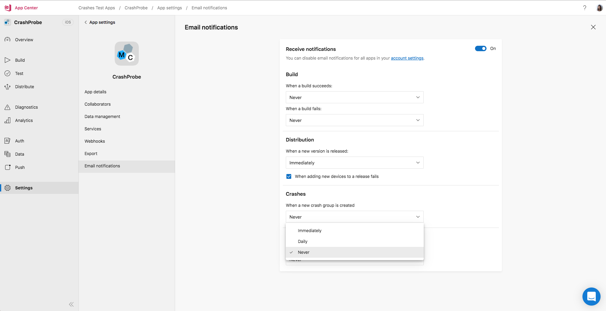 Frequenza di notifica email sui crash dell'impostazione screenshot