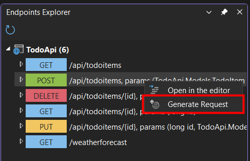 Menu di scelta rapida di Esploratore di Endpoint che evidenzia la voce di menu Genera richiesta.