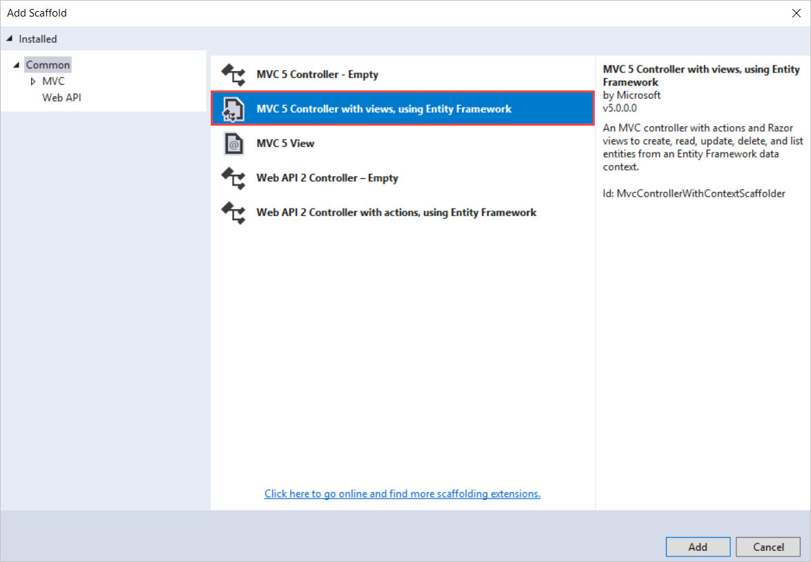 aggiungere un controller mvc