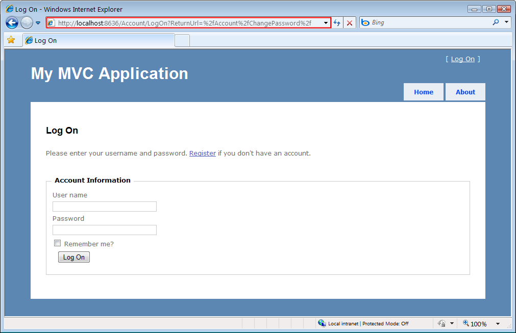 Screenshot che mostra la pagina My M V C Application Log On. La barra del titolo è evidenziata.