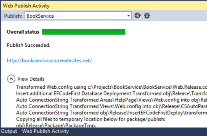 Screenshot della finestra Attività pubblicazione Web che mostra la barra di stato complessiva e visualizza un messaggio di pubblicazione riuscito.